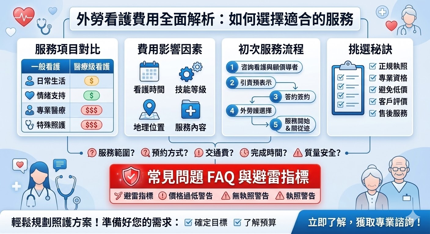外勞看護費用因服務項目、需求時長及看護人員的專業技能等因素而異。一般來說，外勞看護費用包括基礎工資、住處安排、交通費以及是否涉及醫療看護等特殊服務。選擇合適的外勞看護服務不僅需要考量費用，還應該根據自身需求選擇專業性強且信譽良好的服務商。了解外勞看護費用的組成，能幫助您做出更明智的選擇，獲得高品質的照護服務。